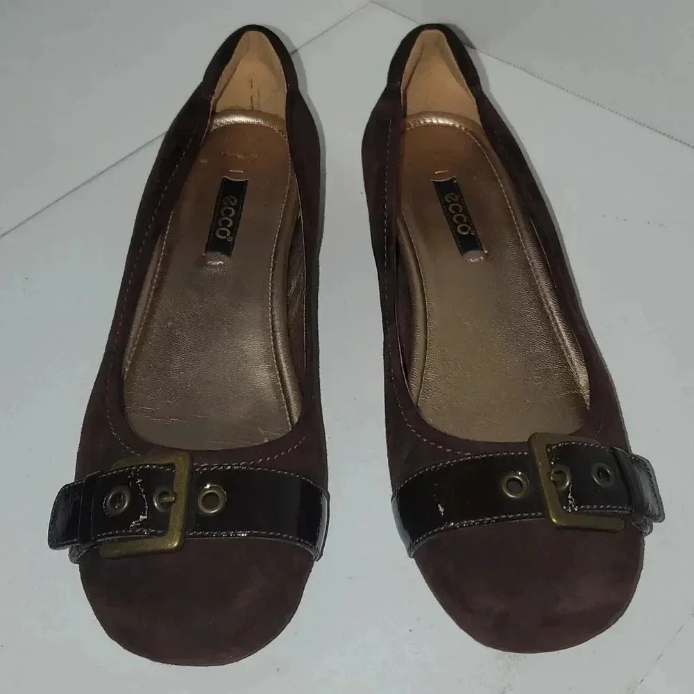 ECCO BUCKLE BALLERINA FLATS SUEDE COFFEE ESPRESSO BROWN WOMENS 37